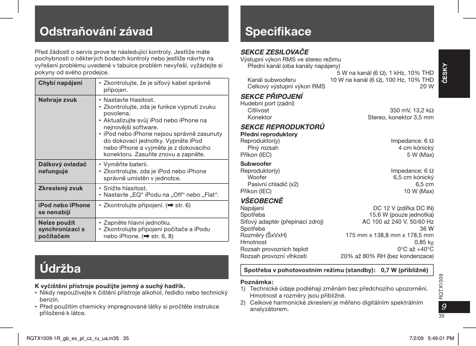 Odstraňování závad, Specifikace, Údržba | Panasonic SC-SP100 User Manual | Page 35 / 52