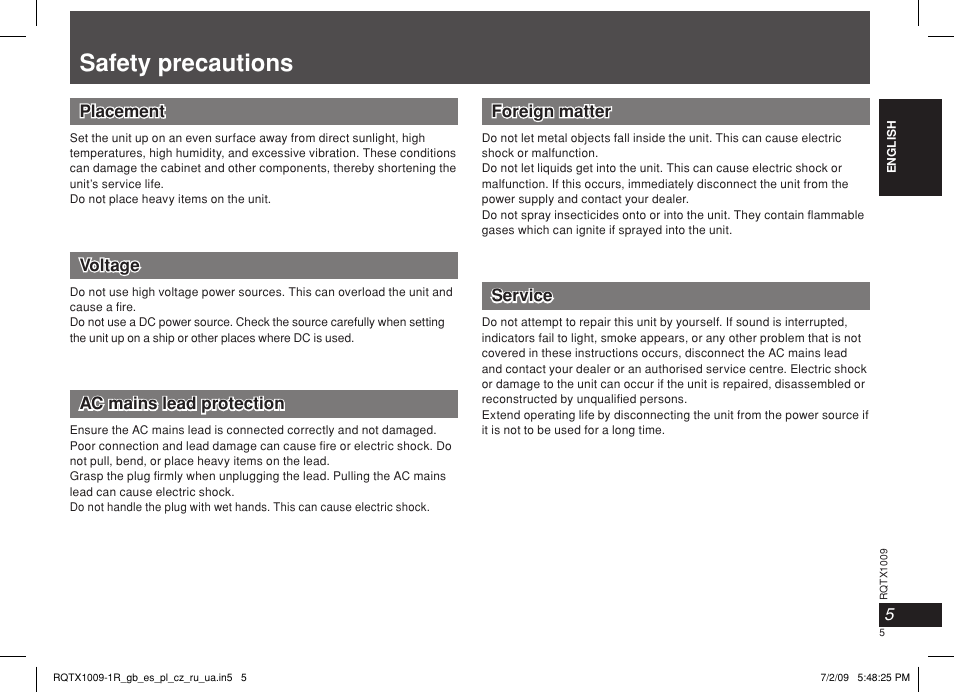 Safety precautions | Panasonic SC-SP100 User Manual | Page 5 / 52