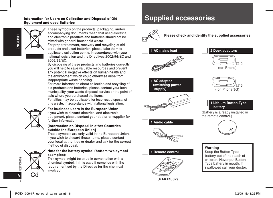 Supplied accessories | Panasonic SC-SP100 User Manual | Page 6 / 52