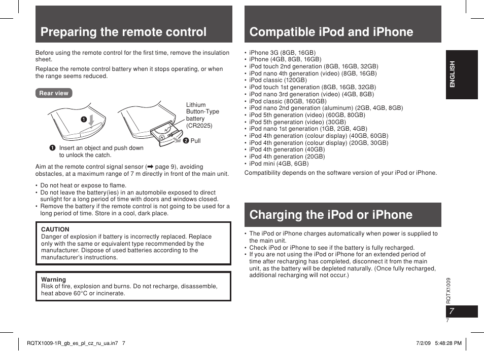 Preparing the remote control, Compatible ipod and iphone, Charging the ipod or iphone | Panasonic SC-SP100 User Manual | Page 7 / 52