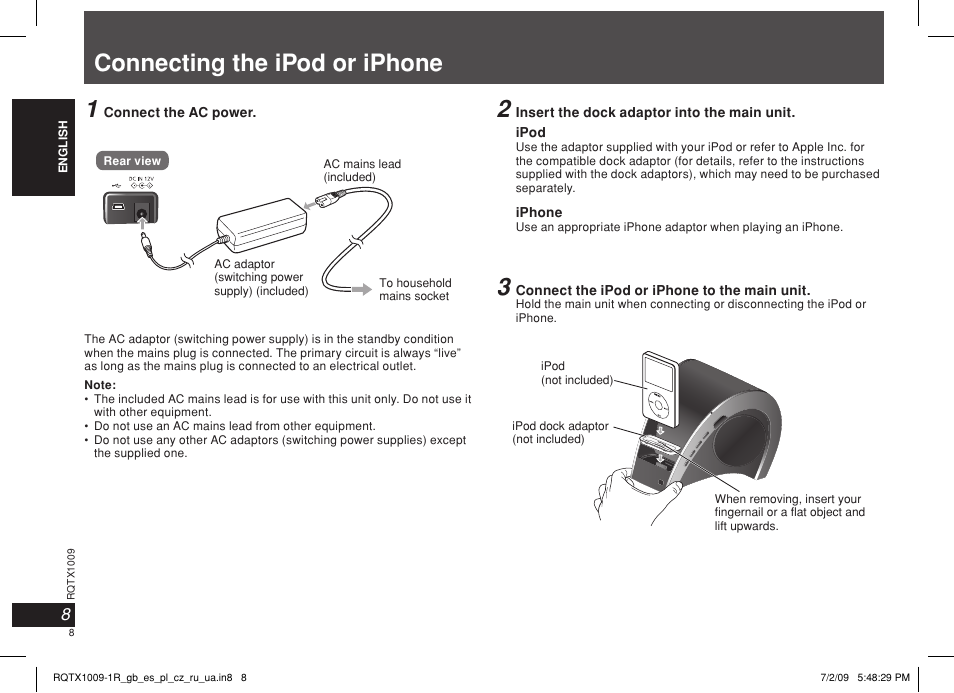 Connecting the ipod or iphone 1 | Panasonic SC-SP100 User Manual | Page 8 / 52