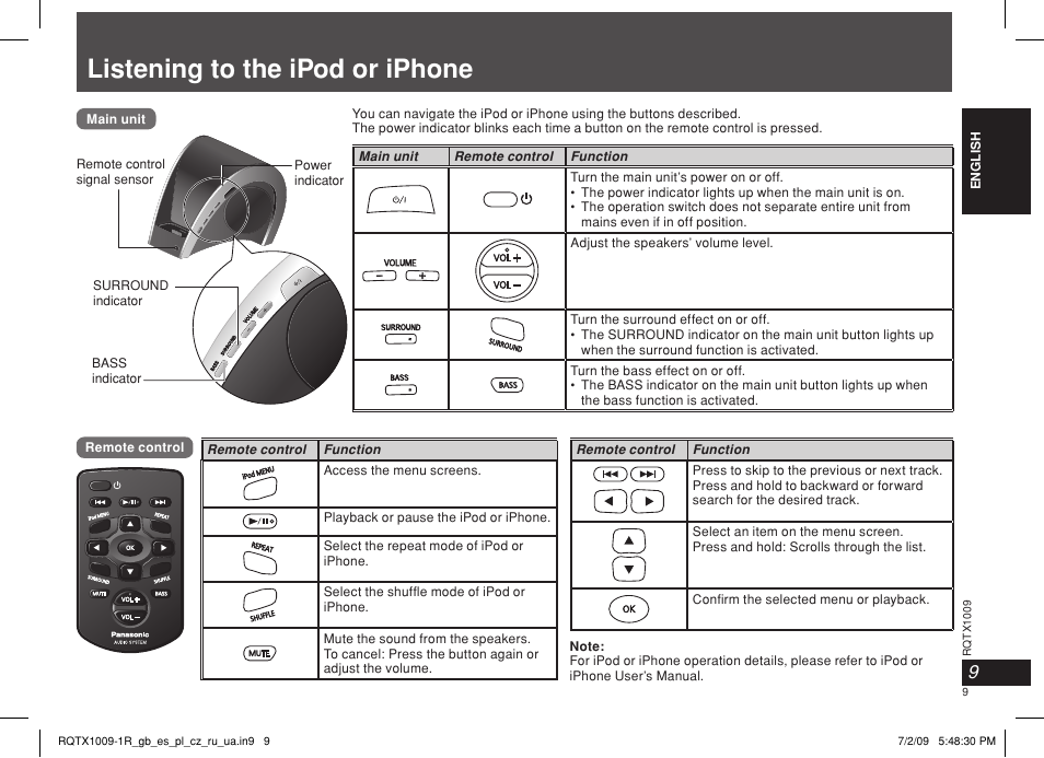 Listening to the ipod or iphone | Panasonic SC-SP100 User Manual | Page 9 / 52