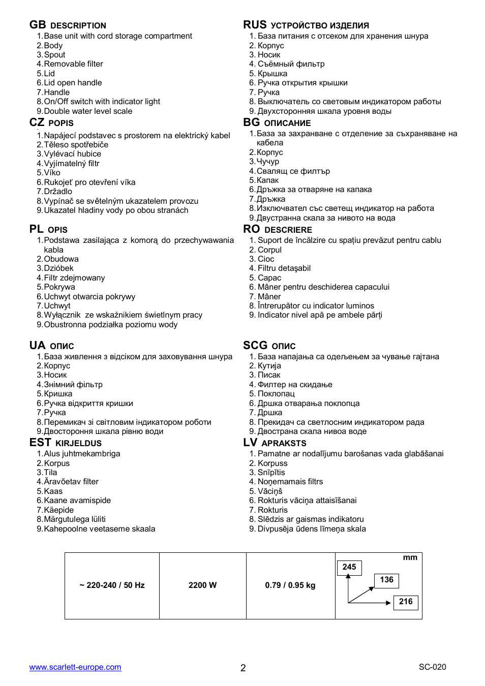 Ua scg | Scarlett SC-020 User Manual | Page 2 / 20