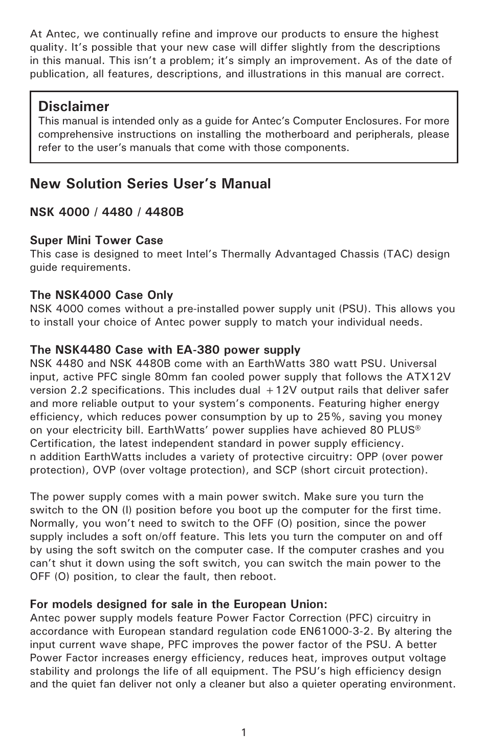 New solution series user’s manual, Disclaimer | Antec NSK 4480B User Manual | Page 2 / 8