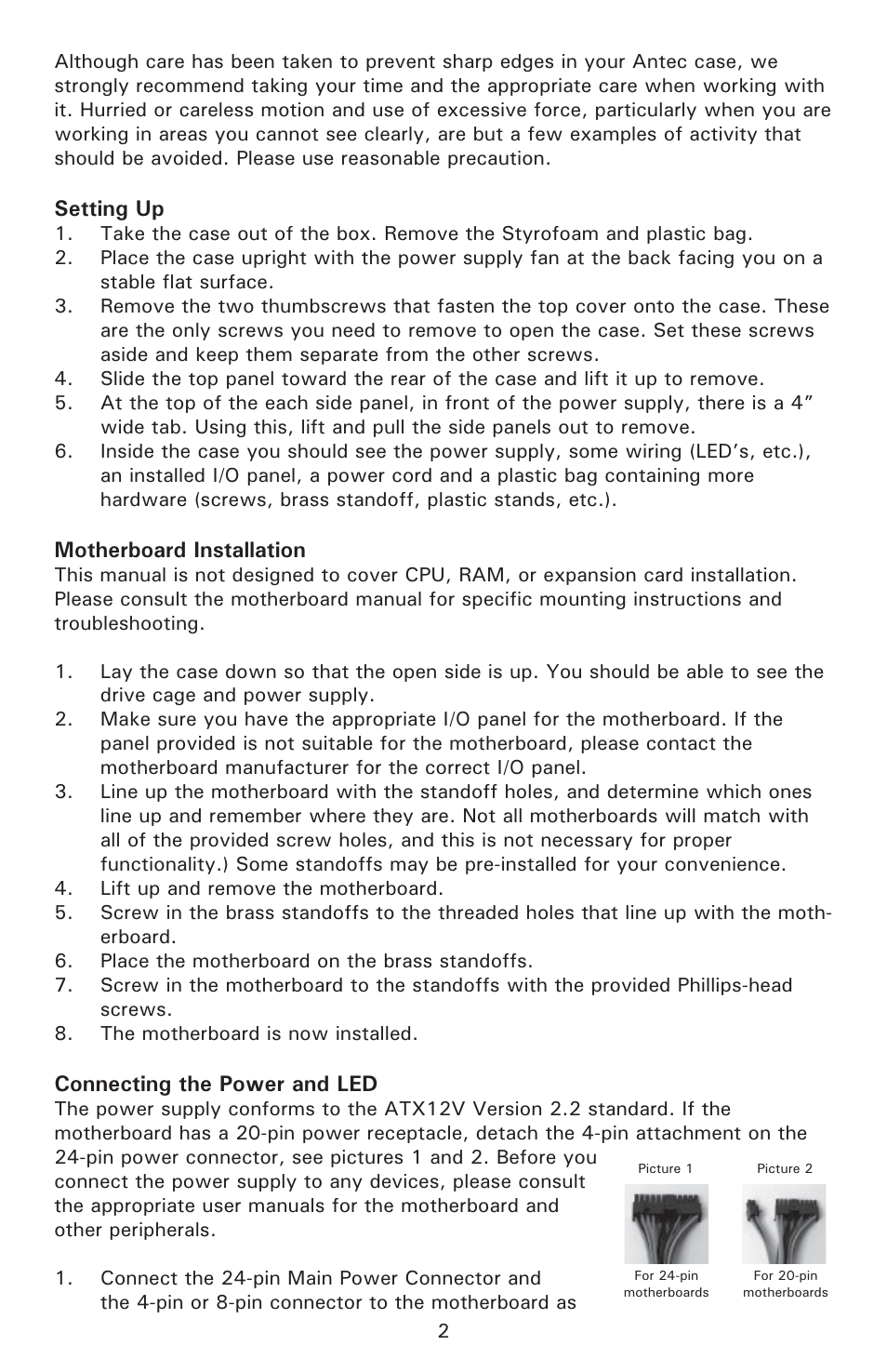 Setting up, Motherboard installation, Connecting the power and led | Antec NSK 4480B User Manual | Page 3 / 8