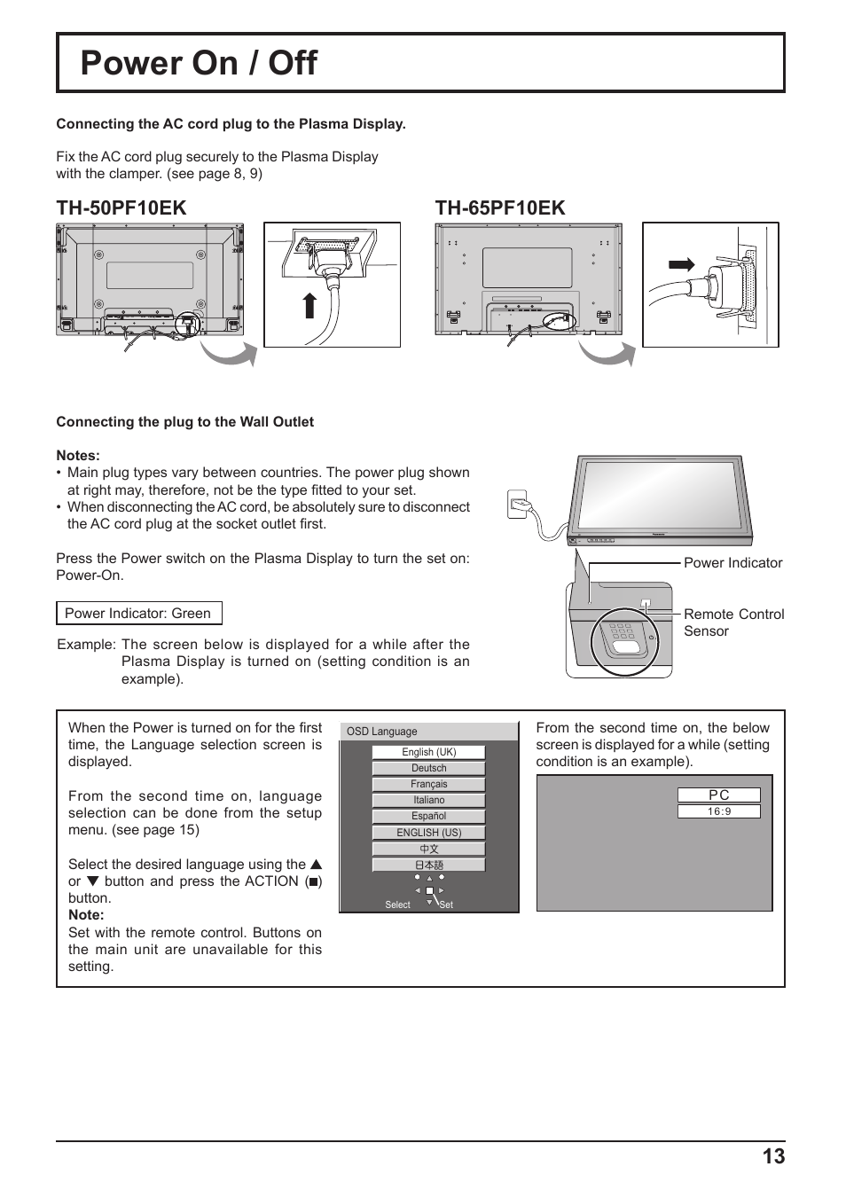 Power on / off | Panasonic TH-65PF10RK User Manual | Page 13 / 56