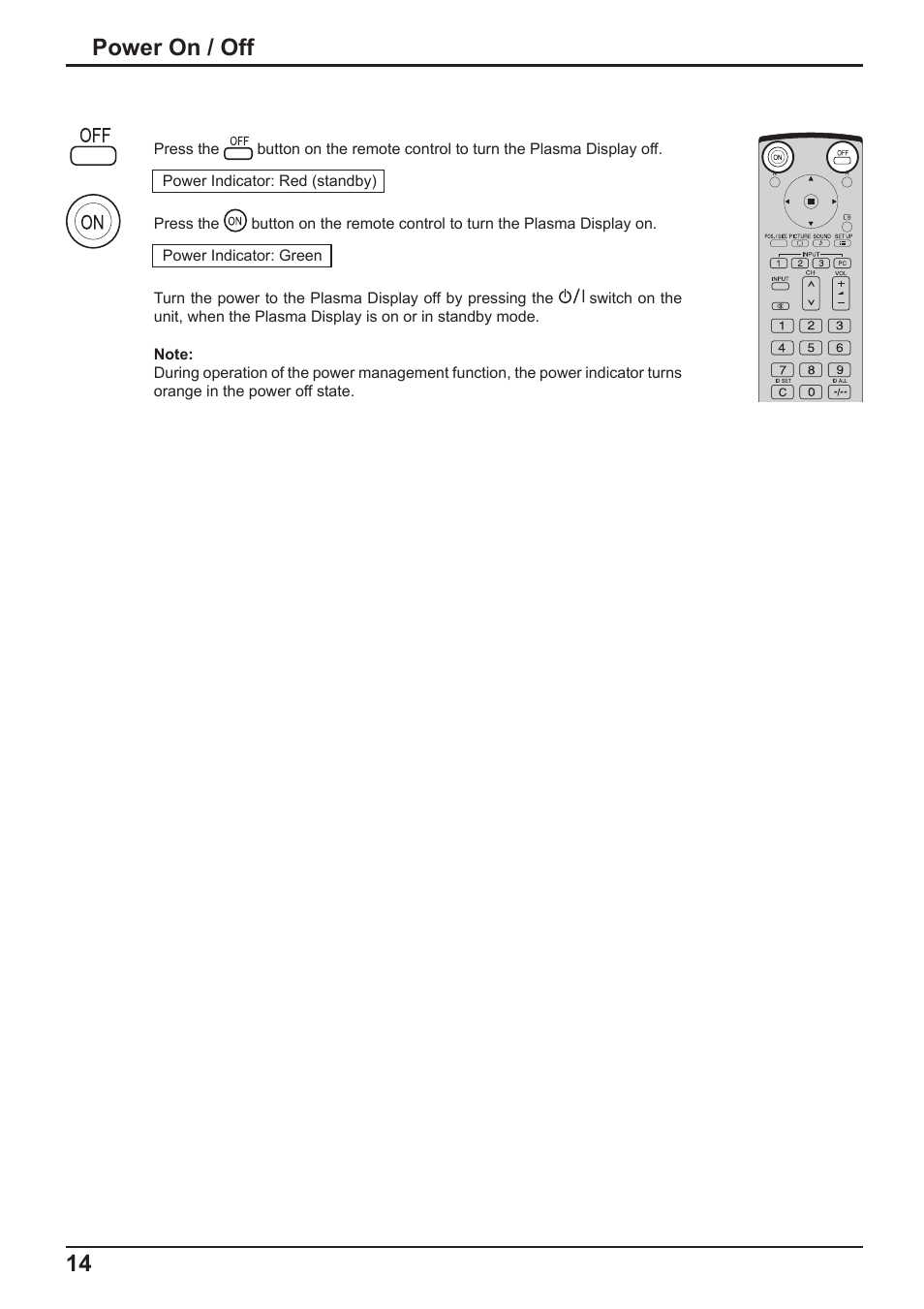 14 power on / off | Panasonic TH-65PF10RK User Manual | Page 14 / 56