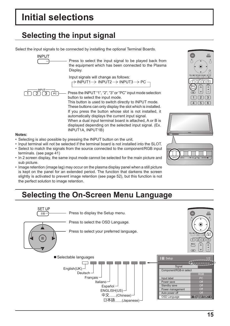 Initial selections, Selecting the on-screen menu language, Selecting the input signal | Panasonic TH-65PF10RK User Manual | Page 15 / 56