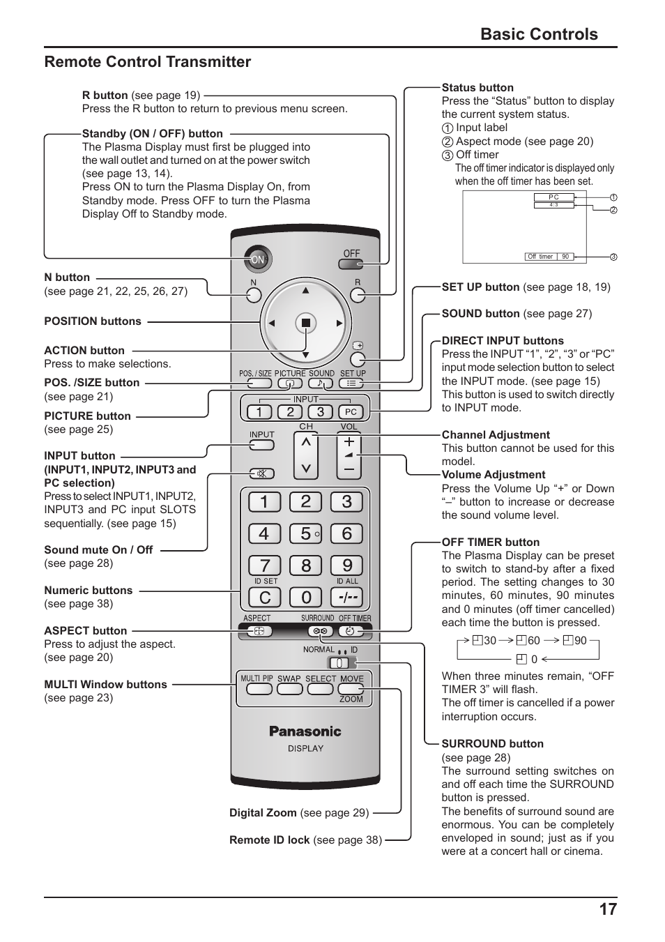 17 basic controls, Remote control transmitter | Panasonic TH-65PF10RK User Manual | Page 17 / 56