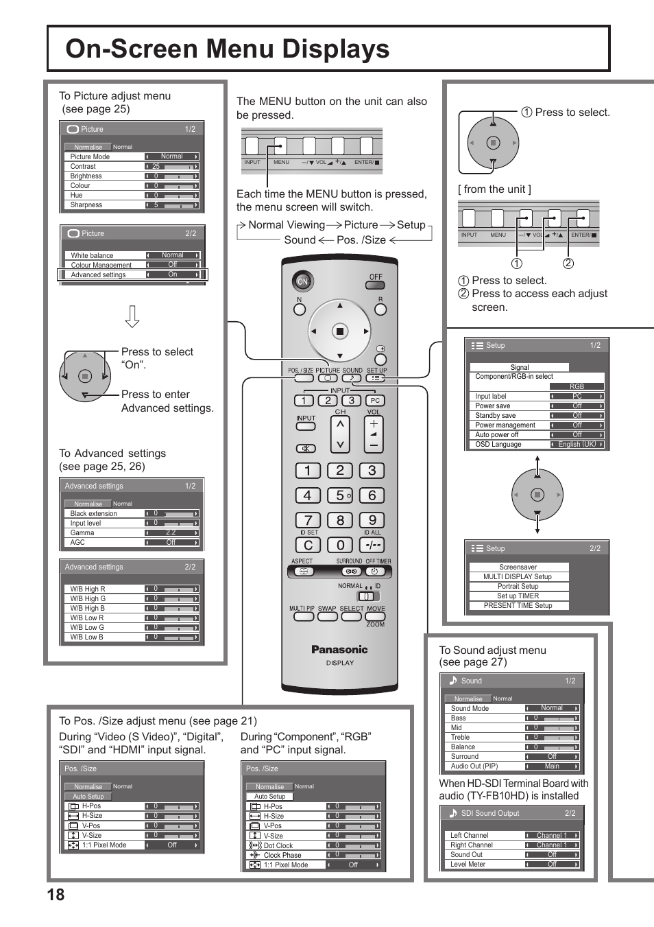 On-screen menu displays, Press to select | Panasonic TH-65PF10RK User Manual | Page 18 / 56