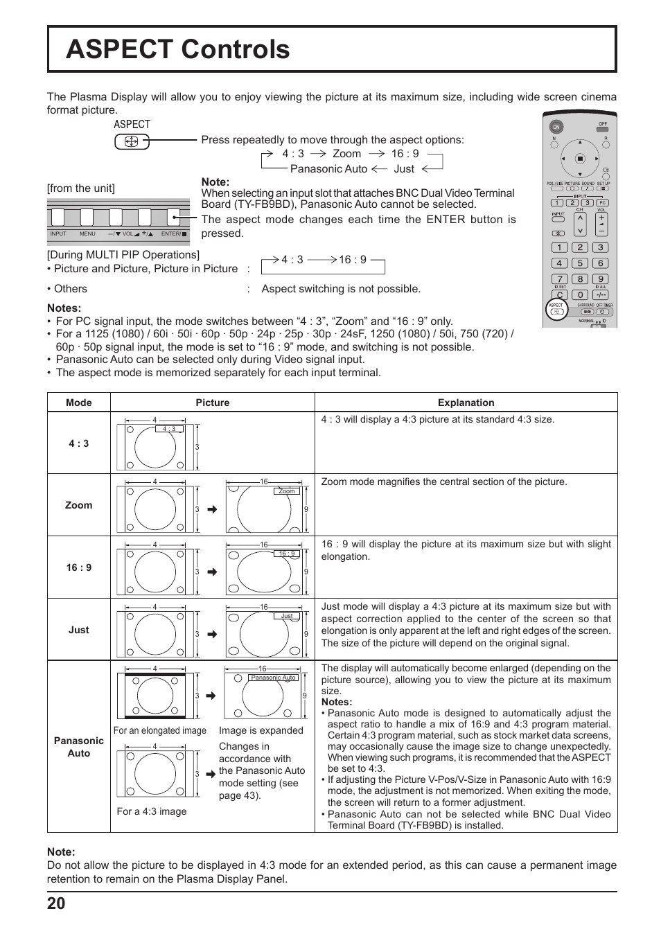 Aspect controls | Panasonic TH-65PF10RK User Manual | Page 20 / 56