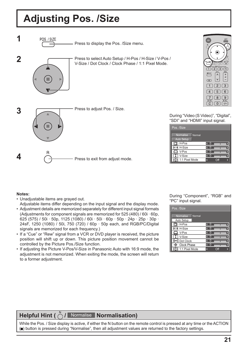 Adjusting pos. /size, Helpful hint, Normalisation) | Panasonic TH-65PF10RK User Manual | Page 21 / 56