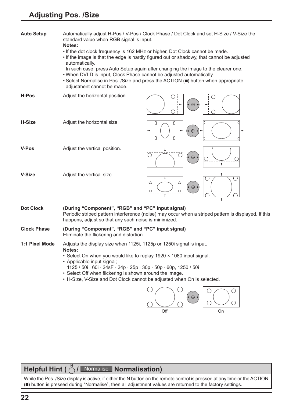 22 adjusting pos. /size, Helpful hint, Normalisation) | Panasonic TH-65PF10RK User Manual | Page 22 / 56