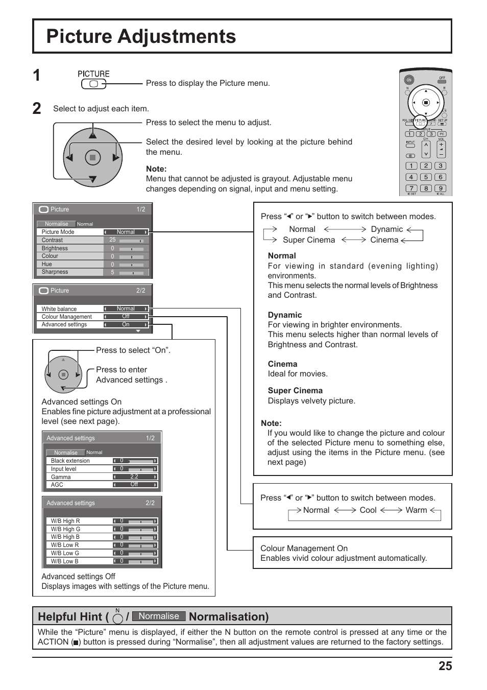 Picture adjustments, Helpful hint, Normalisation) | Panasonic TH-65PF10RK User Manual | Page 25 / 56