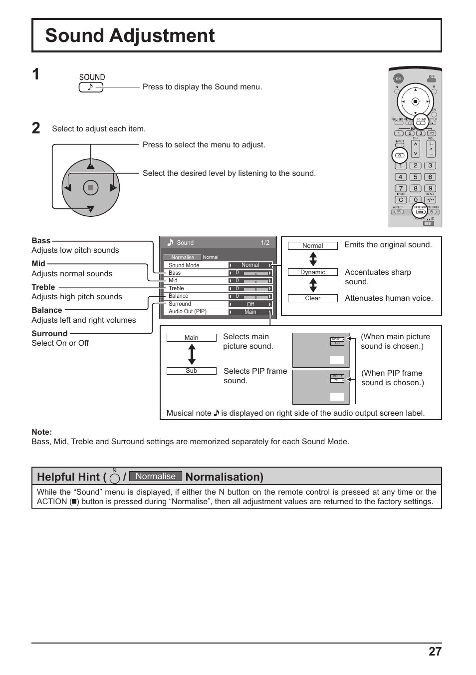 Sound adjustment, Helpful hint, Normalisation) | Panasonic TH-65PF10RK User Manual | Page 27 / 56