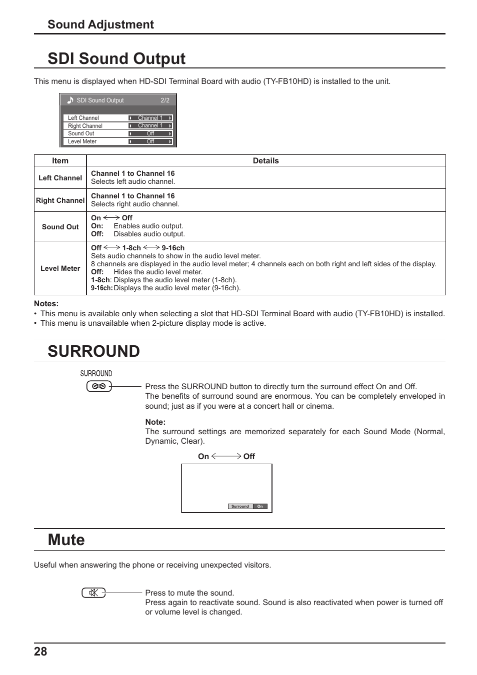 Sdi sound output, Surround, Mute | Sound adjustment | Panasonic TH-65PF10RK User Manual | Page 28 / 56