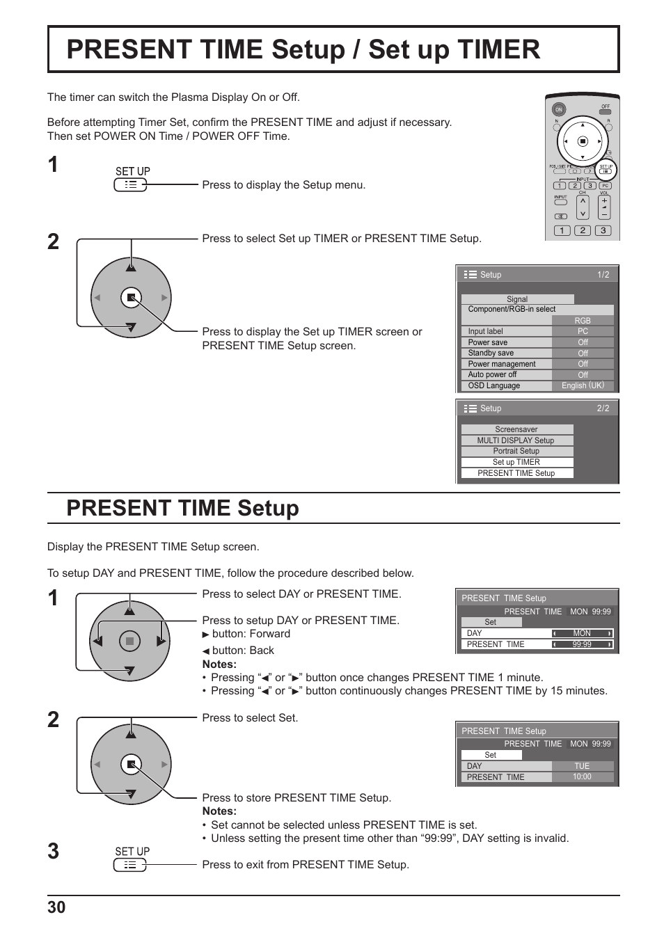 Present time setup / set up timer, 12 present time setup | Panasonic TH-65PF10RK User Manual | Page 30 / 56