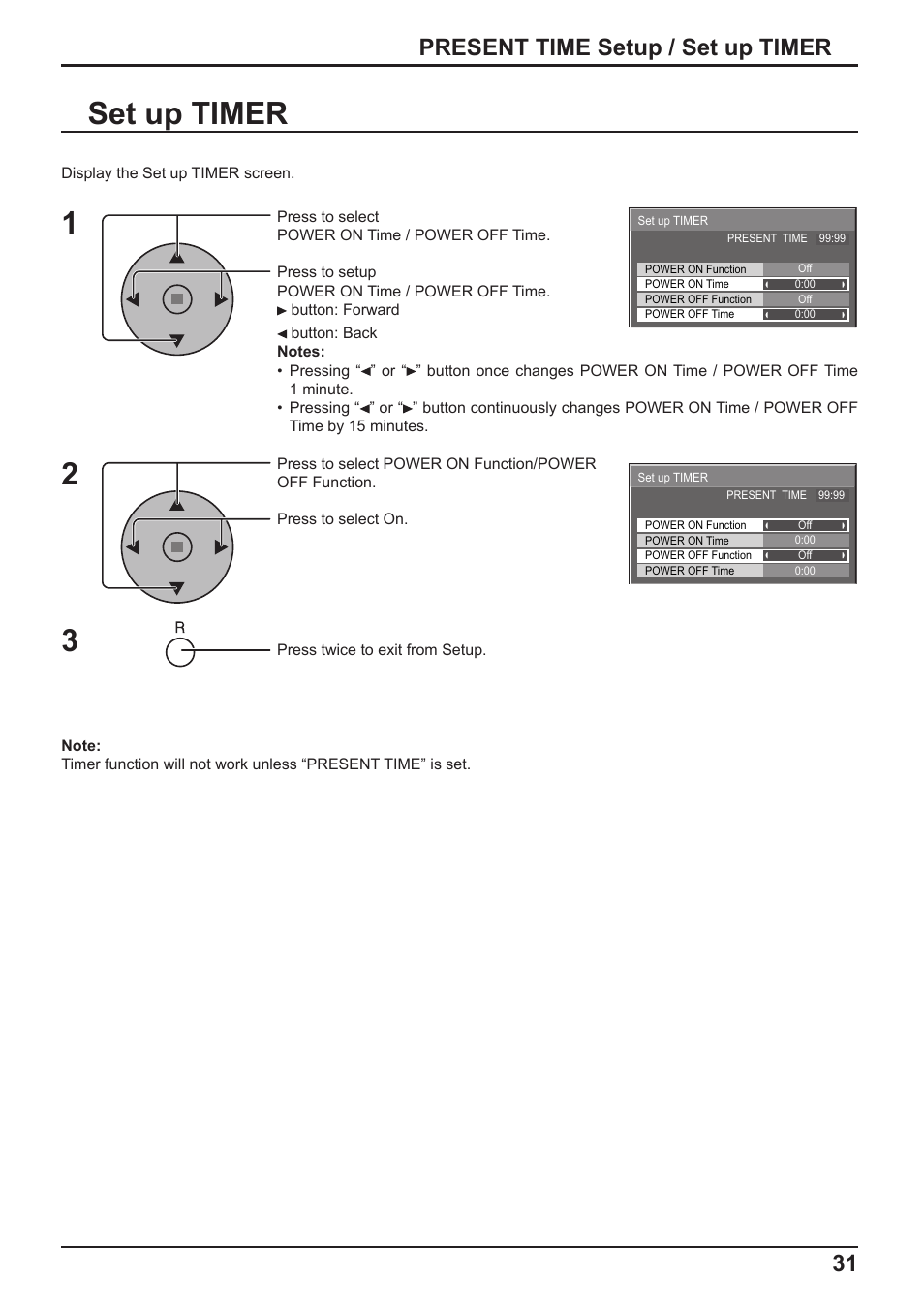 Set up timer, 31 present time setup / set up timer | Panasonic TH-65PF10RK User Manual | Page 31 / 56