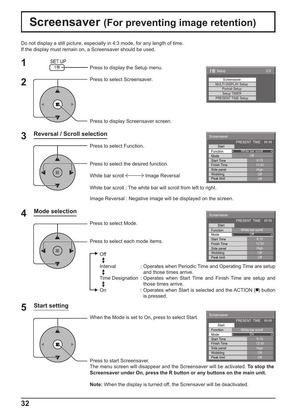 Screensaver, For preventing image retention), Reversal / scroll selection | Mode selection start setting | Panasonic TH-65PF10RK User Manual | Page 32 / 56