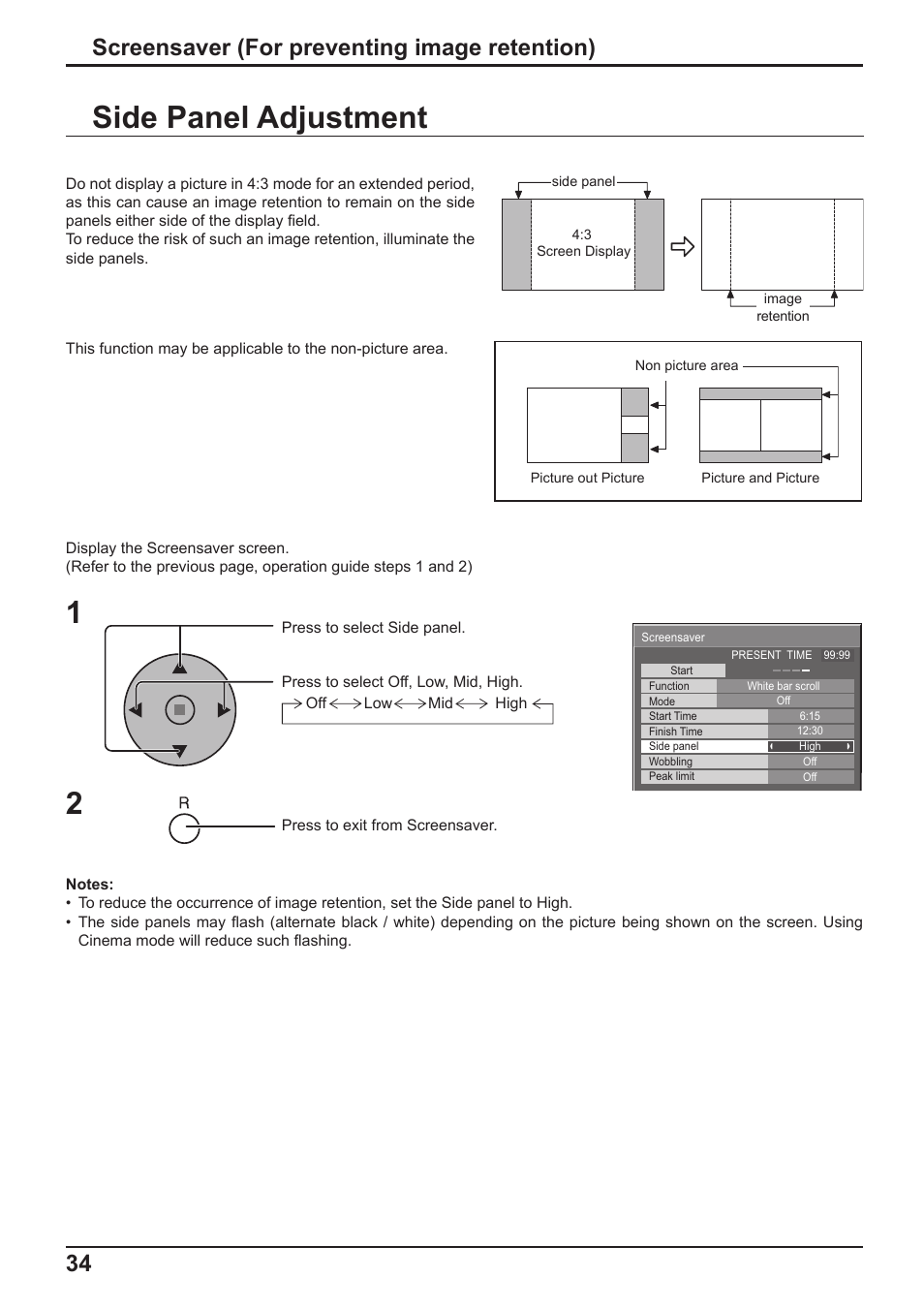 Side panel adjustment 1, 34 screensaver (for preventing image retention) | Panasonic TH-65PF10RK User Manual | Page 34 / 56