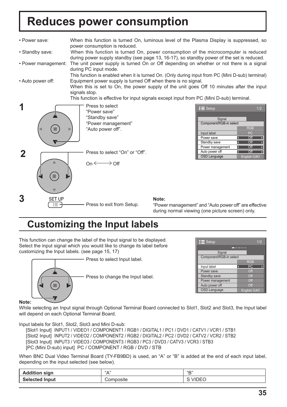 Reduces power consumption, Customizing the input labels | Panasonic TH-65PF10RK User Manual | Page 35 / 56