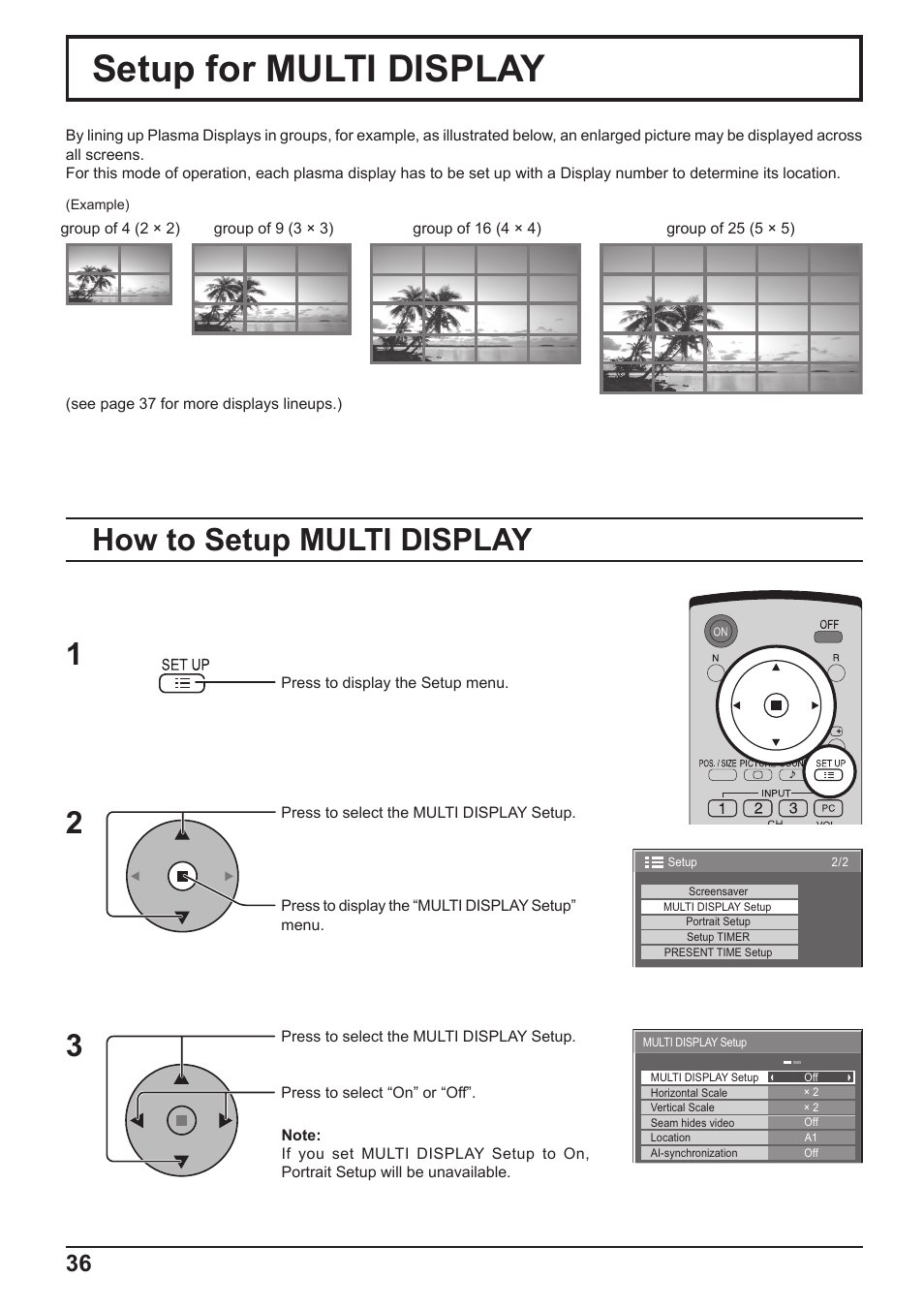 Setup for multi display, How to setup multi display 1 2 3 | Panasonic TH-65PF10RK User Manual | Page 36 / 56