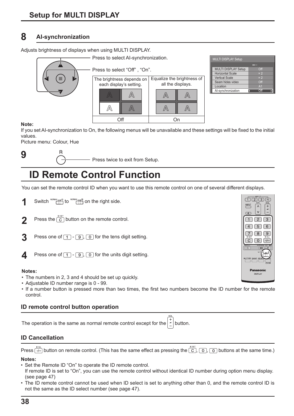 Id remote control function, 38 setup for multi display | Panasonic TH-65PF10RK User Manual | Page 38 / 56