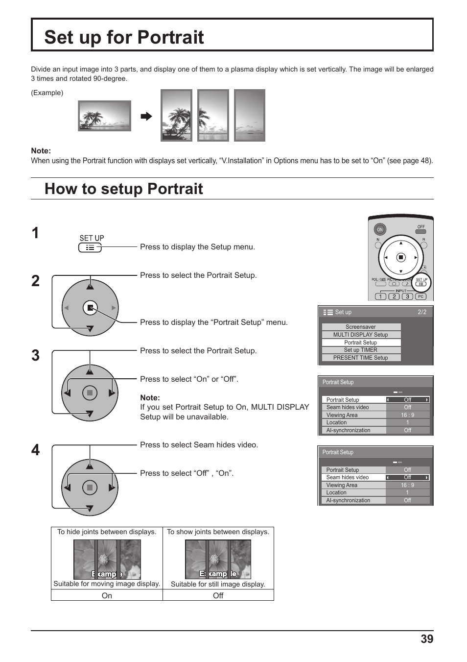 Set up for portrait, How to setup portrait 1 2 3 4 | Panasonic TH-65PF10RK User Manual | Page 39 / 56