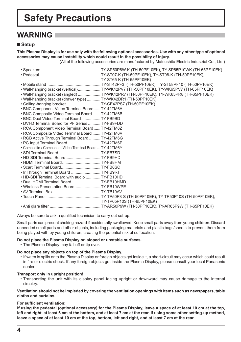 Safety precautions, Warning | Panasonic TH-65PF10RK User Manual | Page 4 / 56