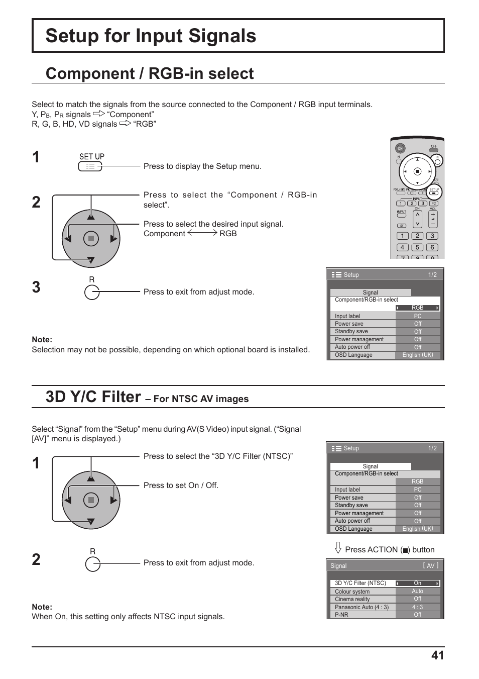 Setup for input signals, Component / rgb-in select, 3d y/c filter | For ntsc av images | Panasonic TH-65PF10RK User Manual | Page 41 / 56