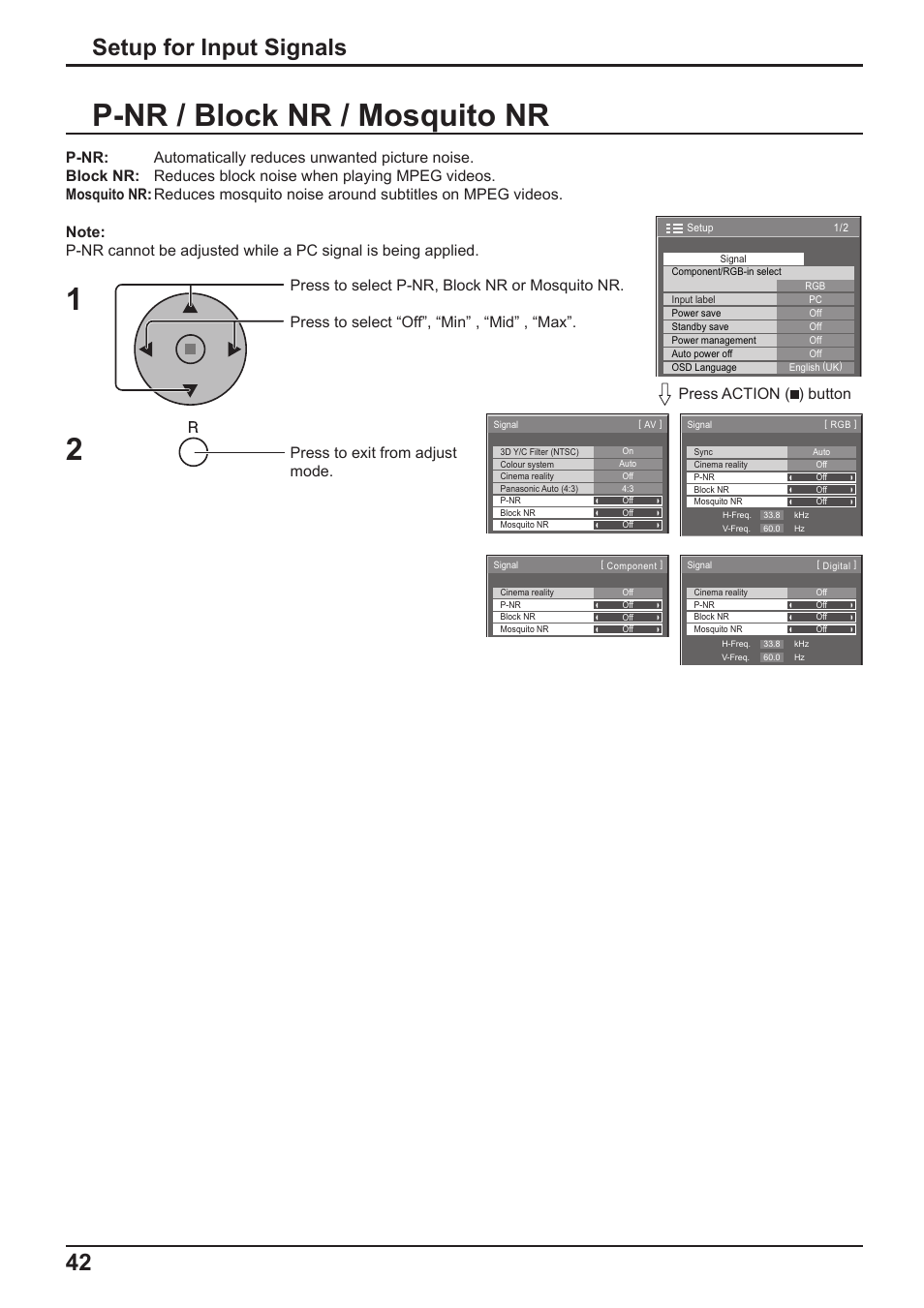 12 p-nr / block nr / mosquito nr, 42 setup for input signals, Press action ( ) button | Panasonic TH-65PF10RK User Manual | Page 42 / 56