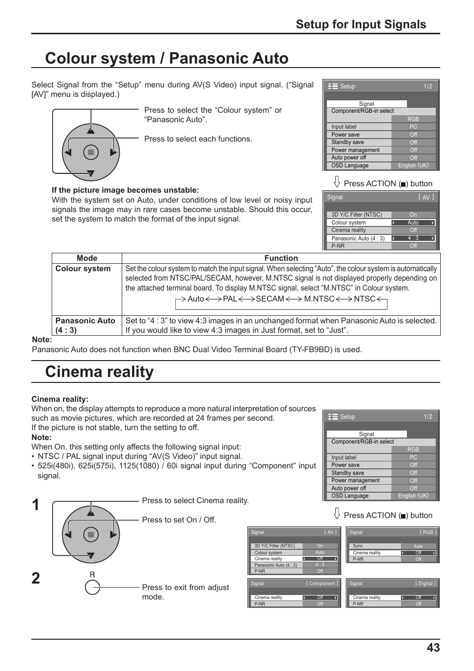 Colour system / panasonic auto, Cinema reality, 43 setup for input signals | Panasonic TH-65PF10RK User Manual | Page 43 / 56