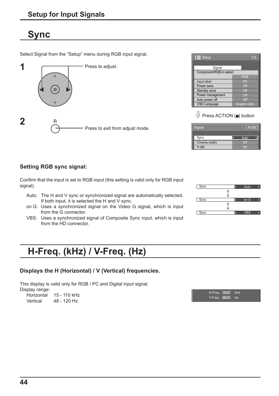 H-freq. (khz) / v-freq. (hz) sync 1 2, Setup for input signals, Setting rgb sync signal | Panasonic TH-65PF10RK User Manual | Page 44 / 56