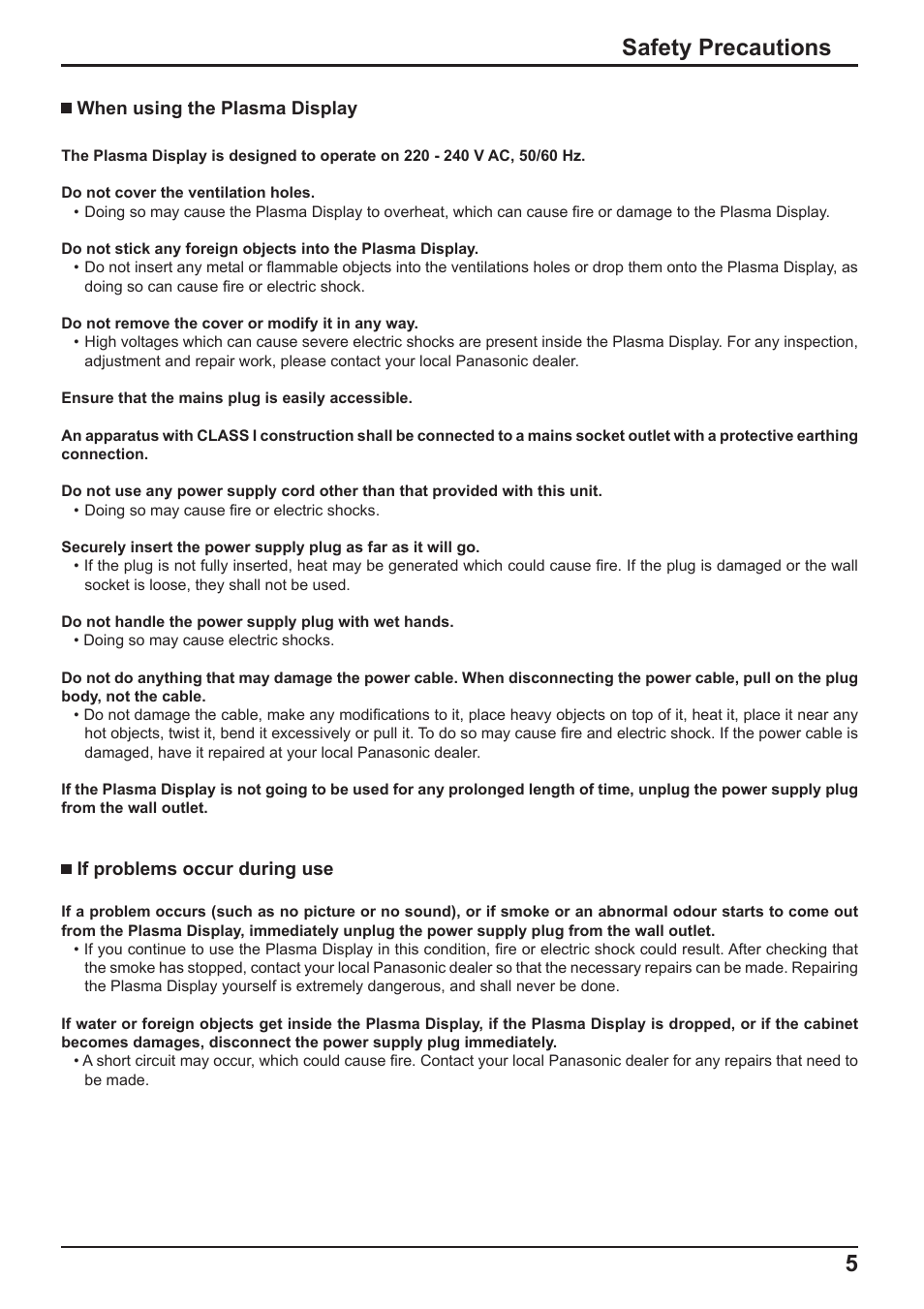 5safety precautions | Panasonic TH-65PF10RK User Manual | Page 5 / 56