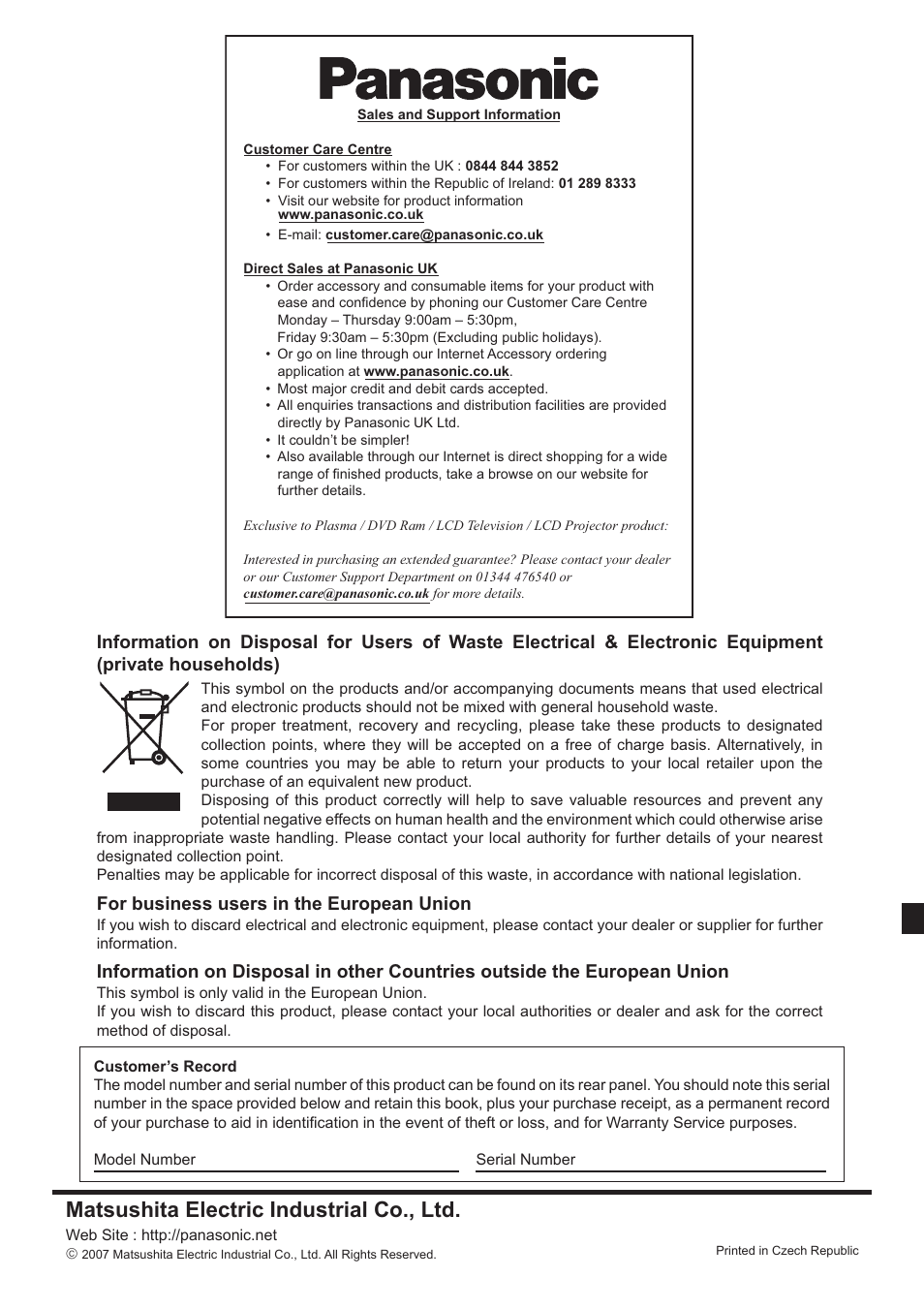 Matsushita electric industrial co., ltd, For business users in the european union | Panasonic TH-65PF10RK User Manual | Page 56 / 56