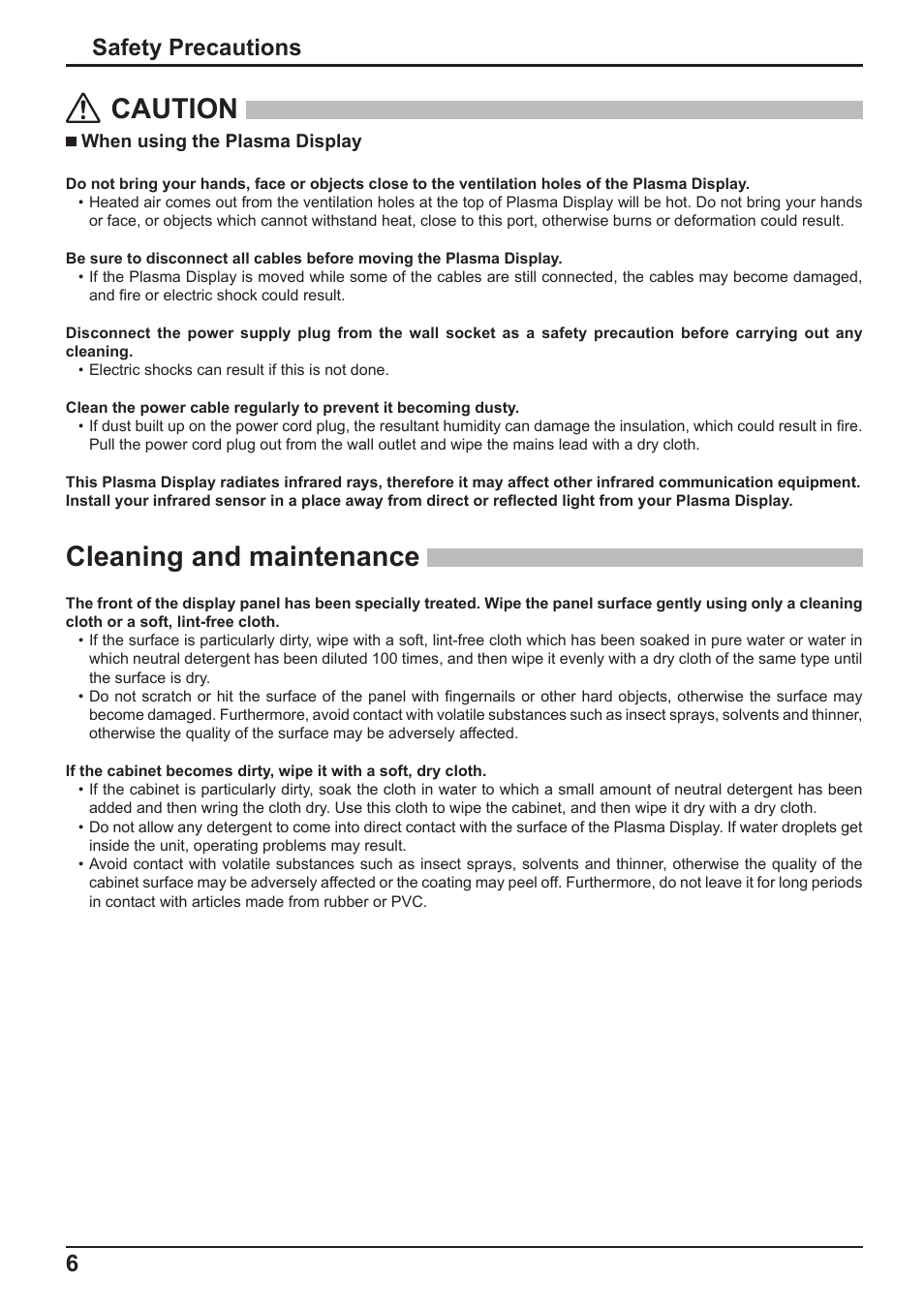 Caution, Cleaning and maintenance, 6safety precautions | Panasonic TH-65PF10RK User Manual | Page 6 / 56