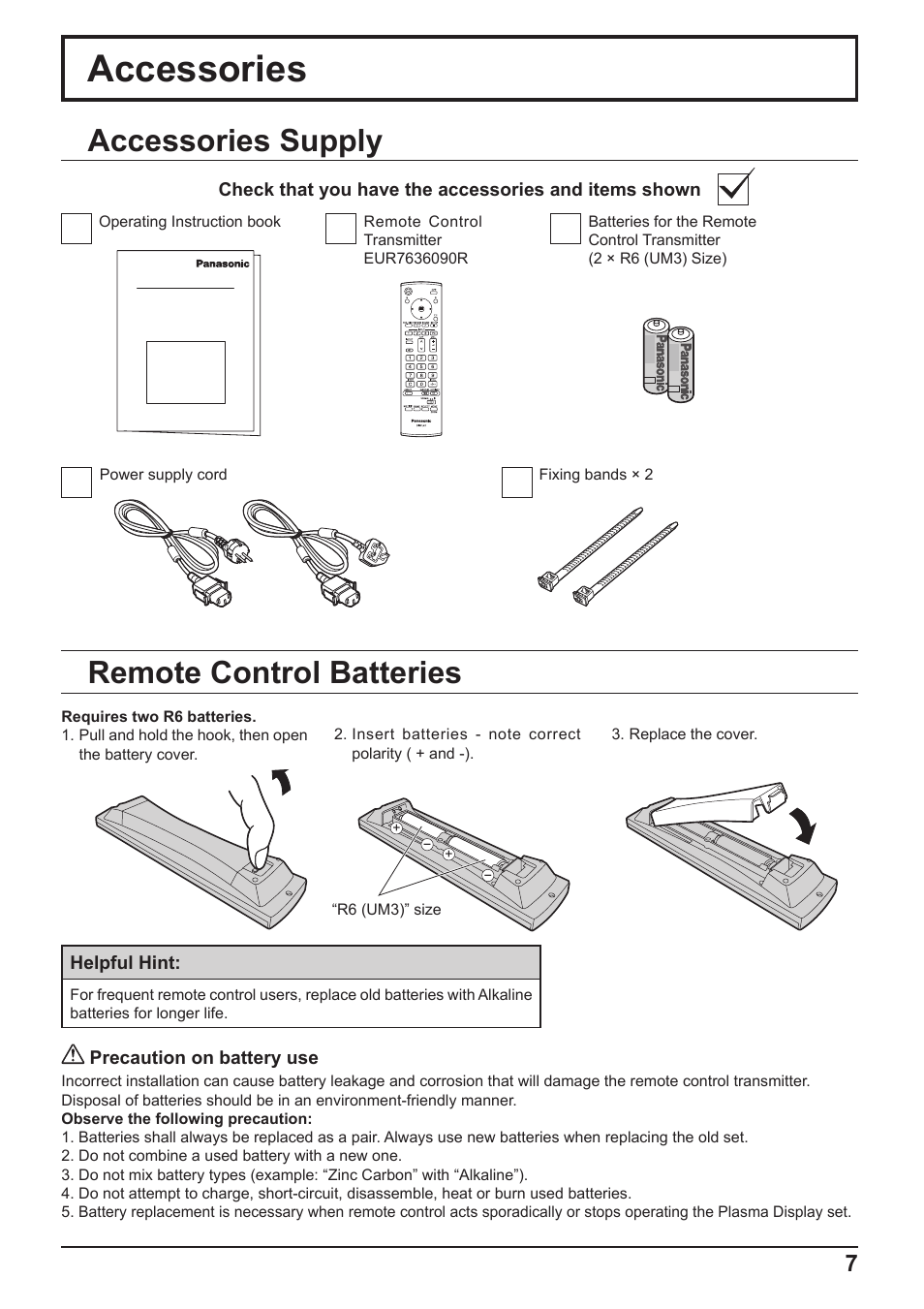 Accessories, Accessories supply, Remote control batteries | Panasonic TH-65PF10RK User Manual | Page 7 / 56