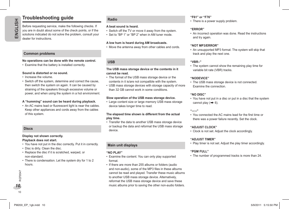 Troubleshooting guide, En g l is h english | Panasonic SC-PM200 User Manual | Page 10 / 64