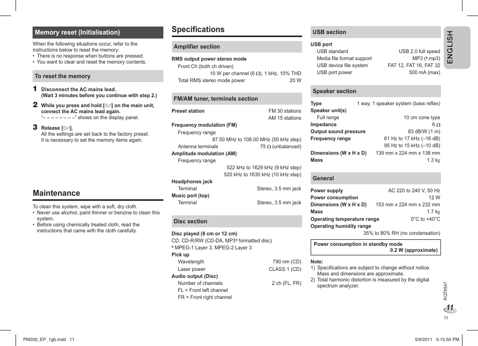 Maintenance, Specifications, En g l is h english | Panasonic SC-PM200 User Manual | Page 11 / 64