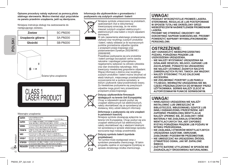 Uwaga, Ostrzeżenie | Panasonic SC-PM200 User Manual | Page 12 / 64