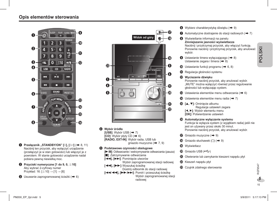 Opis elementów sterowania | Panasonic SC-PM200 User Manual | Page 15 / 64