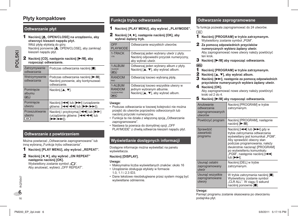 Płyty kompaktowe | Panasonic SC-PM200 User Manual | Page 16 / 64