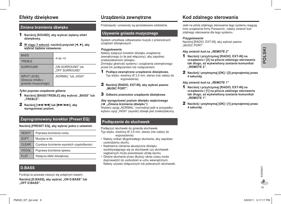Efekty dźwiękowe, Urządzenia zewnętrzne, Kod zdalnego sterowania | Panasonic SC-PM200 User Manual | Page 19 / 64