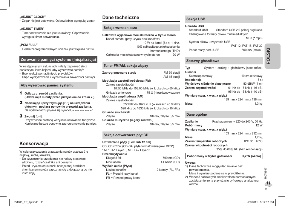 Konserwacja, Dane techniczne | Panasonic SC-PM200 User Manual | Page 21 / 64