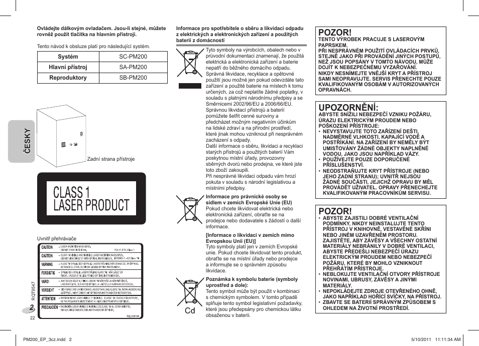 Pozor, Upozornění | Panasonic SC-PM200 User Manual | Page 22 / 64