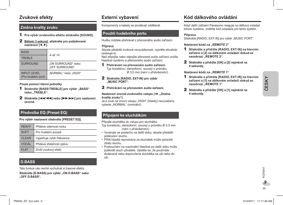 Zvukové efekty, Externí vybavení, Kód dálkového ovládání | Panasonic SC-PM200 User Manual | Page 29 / 64