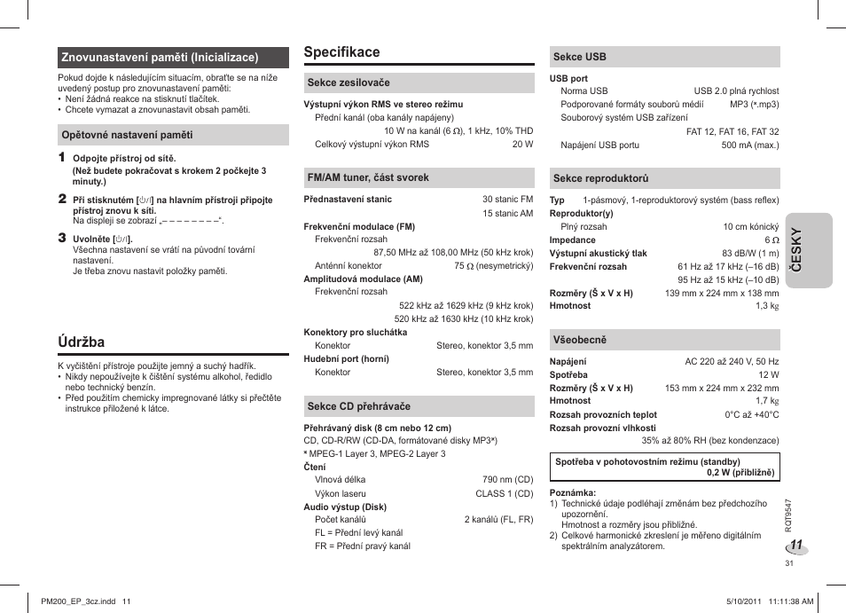 Údržba, Specifikace | Panasonic SC-PM200 User Manual | Page 31 / 64