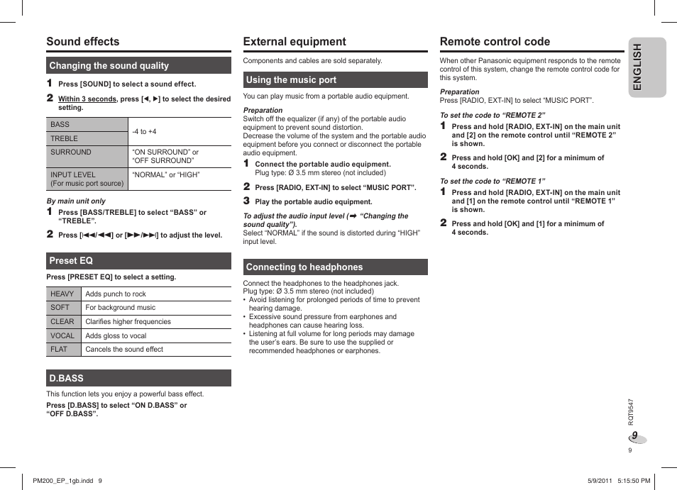 Sound effects, External equipment, Remote control code | Panasonic SC-PM200 User Manual | Page 9 / 64