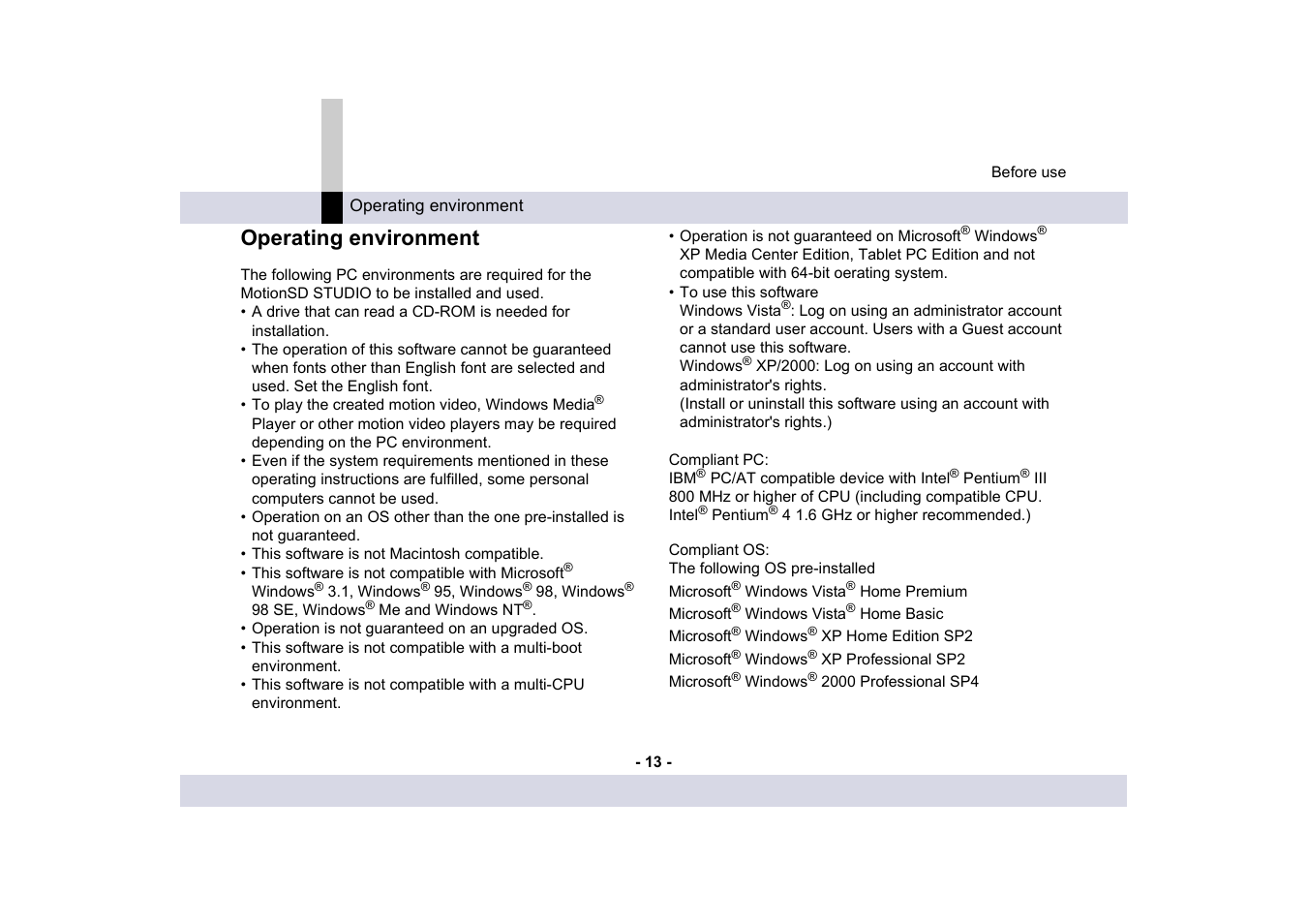 Operating environment | Panasonic -eng User Manual | Page 13 / 250