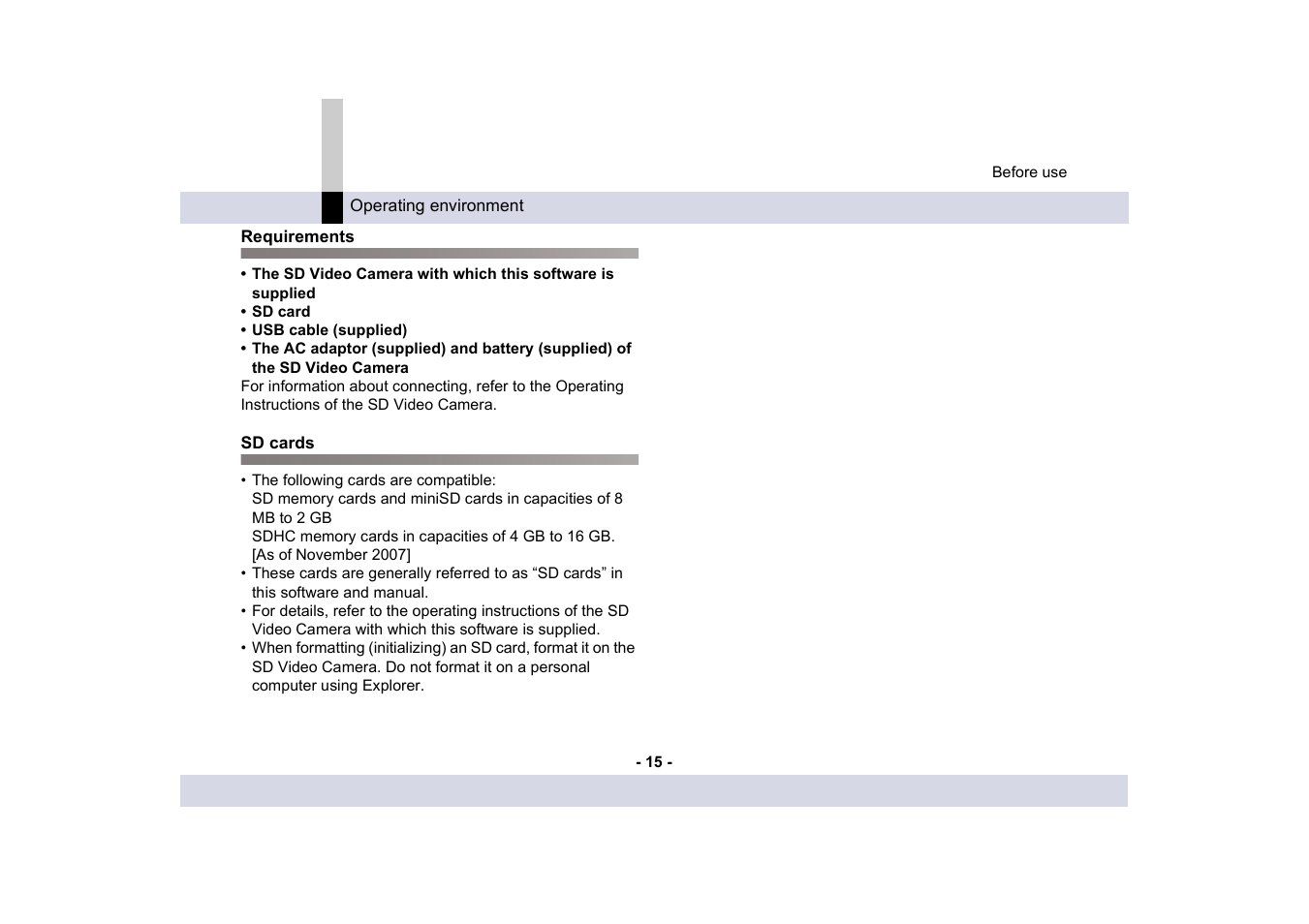 Requirements, Sd cards, Requirements sd cards | Panasonic -eng User Manual | Page 15 / 250